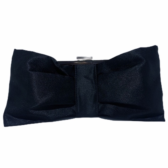 Black Satin Evening Clutch Bag with Thin Silvertone Shoulder Chain Strap - Picture 3 of 7